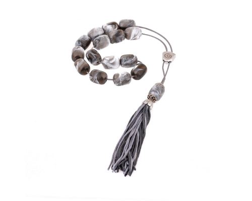 Grey with White Patterns Resin Greek Worry Beads or Komboloi, Alpaca Metal Parts on Silk Cord & Tassel_2