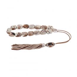 Ivory with Brown Patterns Resin Greek Worry Beads or Komboloi, Alpaca Metal Parts on Silk Cord & Tassel