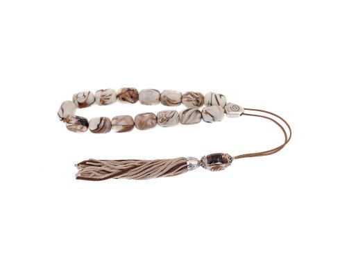 Ivory with Brown Patterns Resin Greek Worry Beads or Komboloi, Alpaca Metal Parts on Silk Cord & Tassel