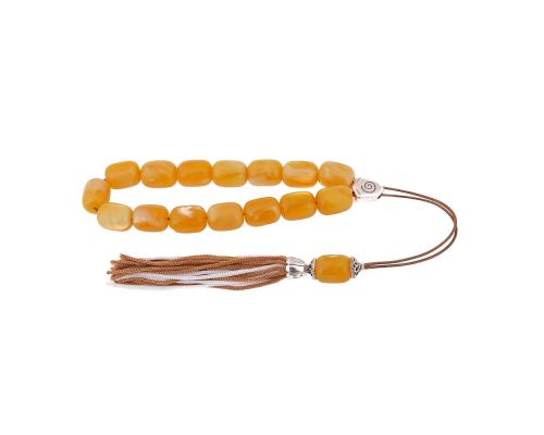 Yellow Resin Greek Worry Beads or Komboloi, Alpaca Metal Parts on Silk Cord & Tassel