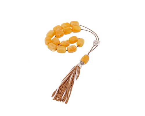 Yellow Resin Greek Worry Beads or Komboloi, Alpaca Metal Parts on Silk Cord & Tassel_2