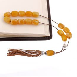 Yellow Resin Greek Worry Beads or Komboloi, Alpaca Metal Parts on Silk Cord & Tassel_3