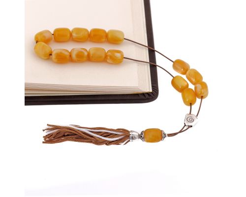 Yellow Resin Greek Worry Beads or Komboloi, Alpaca Metal Parts on Silk Cord & Tassel_3