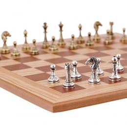 Olive Wood Chess Set in Brown Wooden Box, Metallic Chess Pieces Classic Style, 41x41cm 3