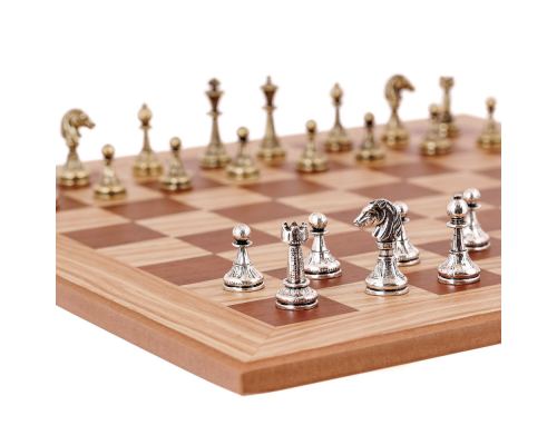 Olive Wood Chess Set in Brown Wooden Box, Metallic Chess Pieces Classic Style, 41x41cm 3