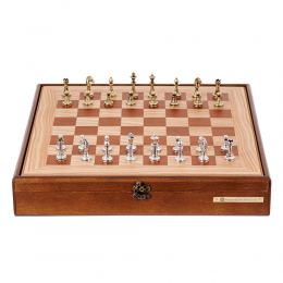 Olive Wood Chess Set in Brown Wooden Box, Metallic Chess Pieces Classic Style, 41x41cm
