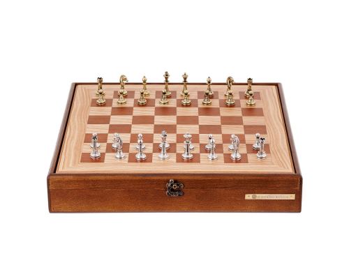 Olive Wood Chess Set in Brown Wooden Box, Metallic Chess Pieces Classic Style, 41x41cm