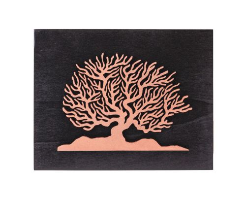 Tree of Life in Copper Color, Handmade of Wood on Black Wooden Background Modern Wall Art Decor, 45x35cm