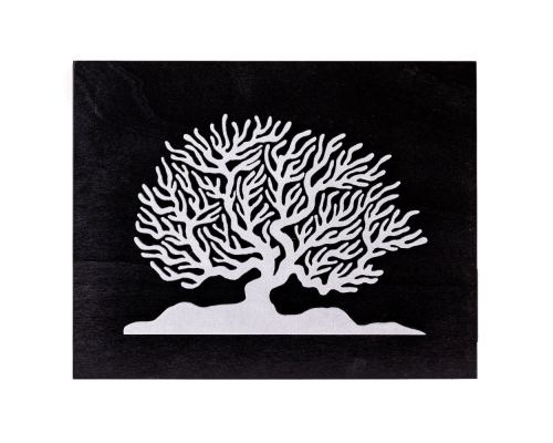 Tree of Life in Silver Color, Handmade of Wood on Black Wooden Background Modern Wall Art Decor, 45x35cm