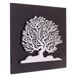 Tree of Life in Silver Color, Handmade of Wood on Black Wooden Background Modern Wall Art Decor, 45x35cm 2