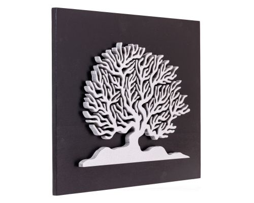 Tree of Life in Silver Color, Handmade of Wood on Black Wooden Background Modern Wall Art Decor, 45x35cm 2