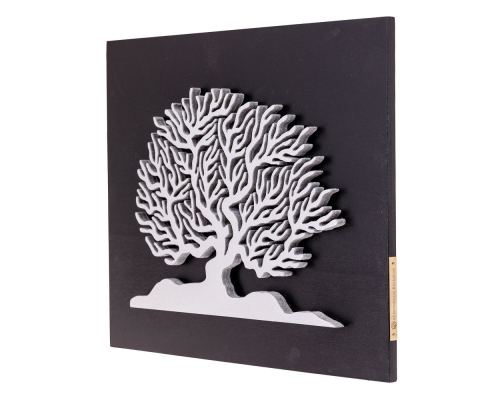 Tree of Life in Silver Color, Handmade of Wood on Black Wooden Background Modern Wall Art Decor, 45x35cm 3