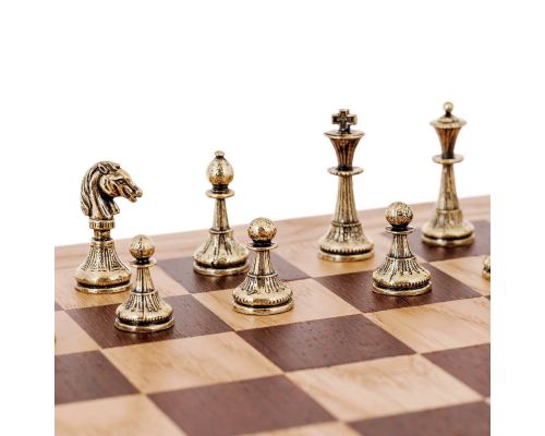 Σετ Σκακι, Σκακιέρα Ελιάς με Μαύρα Τετράγωνα & Μεταλλικά Πιόνια Κλασσικού Στυλ. 38x38 cm 3