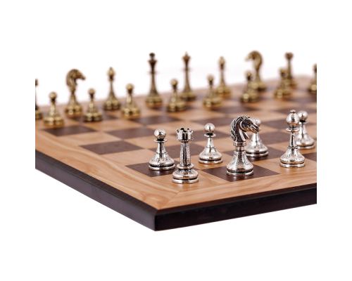 Σετ Σκακι, Σκακιέρα Ελιάς με Μαύρα Τετράγωνα & Μεταλλικά Πιόνια Κλασσικού Στυλ. 38x38 cm 2