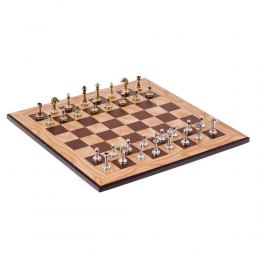 Σετ Σκακι, Σκακιέρα Ελιάς με Μαύρα Τετράγωνα & Μεταλλικά Πιόνια Κλασσικού Στυλ, 38x38 cm