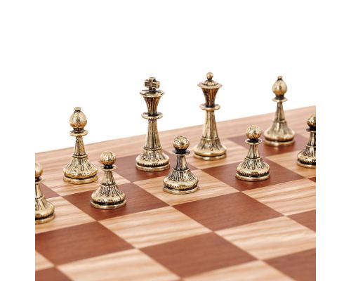 Σετ Σκακι, Σκακιέρα Ελιάς με Καφέ Τετράγωνα & Μεταλλικά Πιόνια Κλασσικού Στυλ. 38x38 cm 3