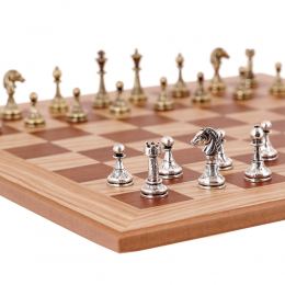 Σετ Σκακι, Σκακιέρα Ελιάς με Καφέ Τετράγωνα & Μεταλλικά Πιόνια Κλασσικού Στυλ. 38x38 cm 2