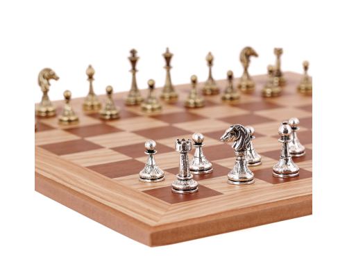 Olive Wood Chess Set, with Brown Squares & Metallic Chess Pieces Classic Style. 38x38 cm 2