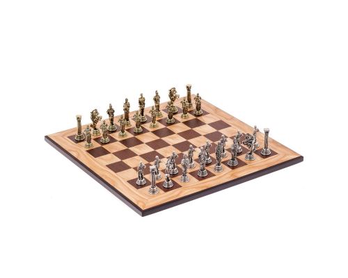 Σετ Σκακι, Σκακιέρα Ελιάς με Μαύρα Τετράγωνα & Μεταλλικά Πιόνια Ρωμαικού Στυλ, 38x38 cm