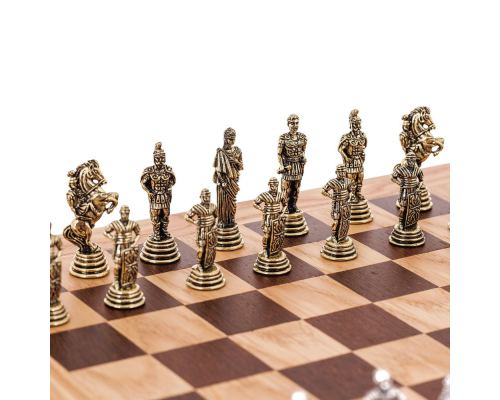 Σετ Σκακι, Σκακιέρα Ελιάς με Μαύρα Τετράγωνα & Μεταλλικά Πιόνια Ρωμαικου Στυλ. 38x38 cm 3