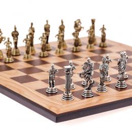 Σετ Σκακι, Σκακιέρα Ελιάς με Μαύρα Τετράγωνα & Μεταλλικά Πιόνια Ρωμαικου Στυλ. 38x38 cm 2