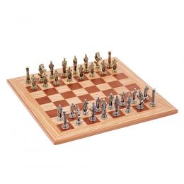 Olive Wood Chess Set, with Brown Squares & Metallic Chess Pieces Roman Style, 38x38 cm