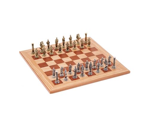Σετ Σκάκι, Σκακιέρα Ελιάς με Καφέ Τετράγωνα & Μεταλλικά Πιόνια Ρωμαικού Στυλ, 38x38 cm