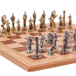 Σετ Σκακι, Σκακιέρα Ελιάς με Καφέ Τετράγωνα & Μεταλλικά Πιόνια Ρωμαικου Στυλ. 38x38 cm 2