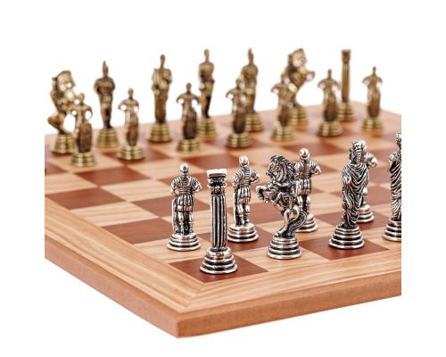 Olive Wood Chess Set, with Brown Squares & Metallic Chess Pieces Roman Style. 38x38 cm 2