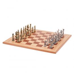 Σετ Σκακι, Σκακιέρα Ελιάς με Καφέ Τετράγωνα & Μεταλλικά Πιόνια Ρωμαικου Στυλ. 38x38 cm 3