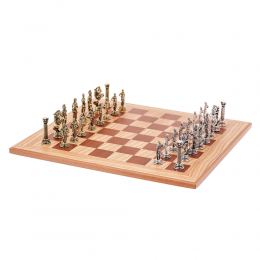 Olive Wood Chess Set, with Brown Squares & Metallic Chess Pieces Roman Style. 38x38 cm 3