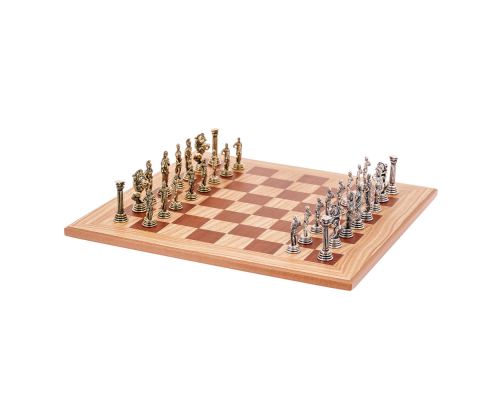 Σετ Σκακι, Σκακιέρα Ελιάς με Καφέ Τετράγωνα & Μεταλλικά Πιόνια Ρωμαικου Στυλ. 38x38 cm 3