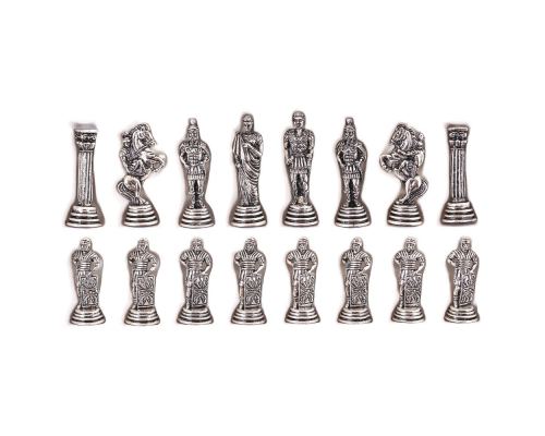 Olive Wood Chess Set, with Brown Squares & Metallic Chess Pieces Roman Style. 38x38 cm 9
