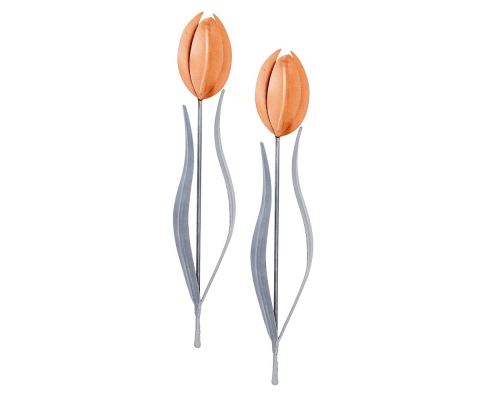 Tulip Flowers, Handmade Metal Wall Decorative Set of 2, Orange & Silver, 33cm