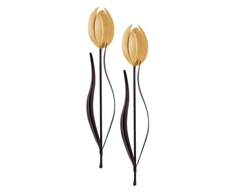 Tulip Flowers, Handmade Metal Wall Decorative Set of 2, Gold & Brown, 33cm