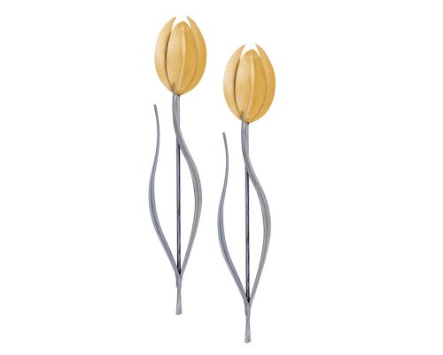 Tulip Flowers, Handmade Metal Wall Decorative Set of 2, Gold & Silver, 33cm