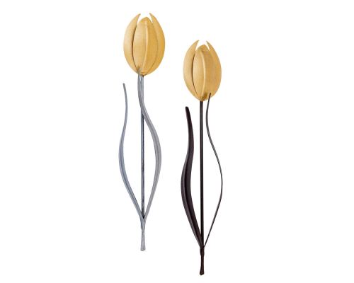 Tulip Flowers, Handmade Metal Wall Decorative Set of 2, Gold, Silver & Brown, 33cm