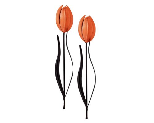Tulip Flowers, Handmade Metal Wall Decorative Set of 2, Orange & Brown, 33cm