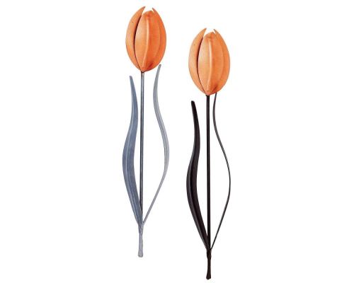 Tulip Flowers, Handmade Metal Wall Decorative Set of 2, Orange, Silver & Brown, 33cm