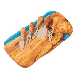Olive Wood Cheese Cutting or Serving Set with Blue Epoxy Resin, Board 35cm & 5 Cheese Knives Olive Wood Cheese Cutting or Serving Set with Blue Epoxy Resin, Board 35cm & 5 Cheese Knives