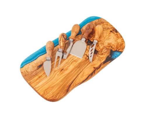 Olive Wood Cheese Cutting or Serving Set with Blue Epoxy Resin, Board 35cm & 5 Cheese Knives