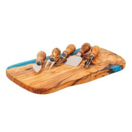 Olive Wood Cheese Cutting or Serving Set with Blue Epoxy Resin, Board 35cm & 5 Special Knives - 2 Olive Wood Cheese Cutting or Serving Set with Blue Epoxy Resin, Board 35cm & 5 Special Knives - 2