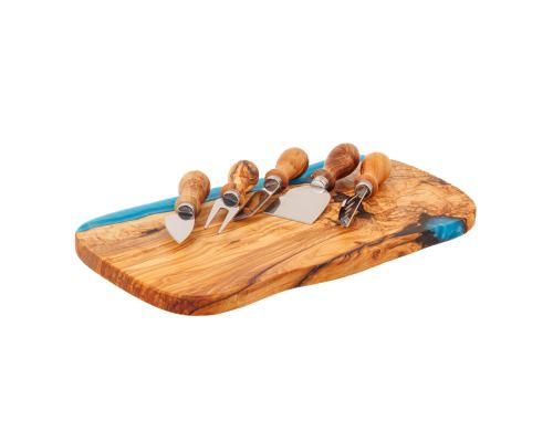Olive Wood Cheese Cutting or Serving Set with Blue Epoxy Resin, Board 35cm & 5 Special Knives - 2