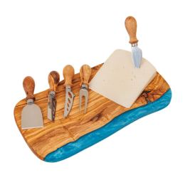 Olive Wood Cheese Cutting or Serving Set with Blue Epoxy Resin, Board 35cm & 5 Special Knives - 8 Olive Wood Cheese Cutting or Serving Set with Blue Epoxy Resin, Board 35cm & 5 Special Knives - 8