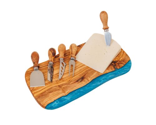 Olive Wood Cheese Cutting or Serving Set with Blue Epoxy Resin, Board 35cm & 5 Special Knives - 8
