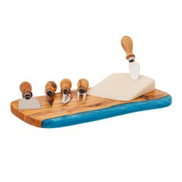 Olive Wood Cheese Cutting or Serving Set with Blue Epoxy Resin, Board 35cm & 5 Special Knives - 3 Olive Wood Cheese Cutting or Serving Set with Blue Epoxy Resin, Board 35cm & 5 Special Knives - 3