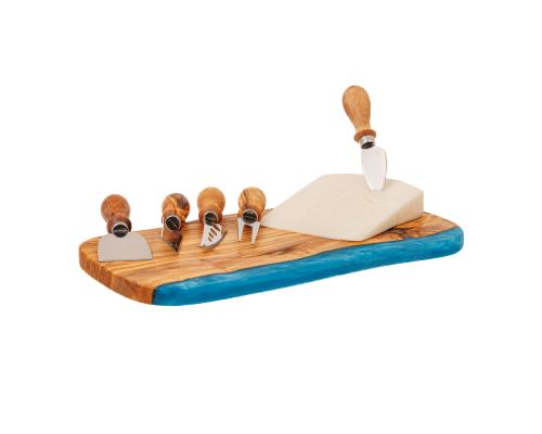 Olive Wood Cheese Cutting or Serving Set with Blue Epoxy Resin, Board 35cm & 5 Special Knives - 3