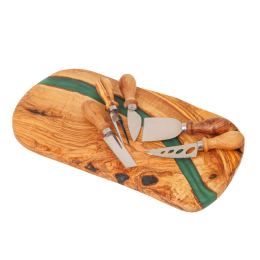 Olive Wood Cheese Cutting or Serving Set with Green Epoxy Resin, Board 35cm & 5 Cheese Knives Olive Wood Cheese Cutting or Serving Set with Green Epoxy Resin, Board 35cm & 5 Cheese Knives