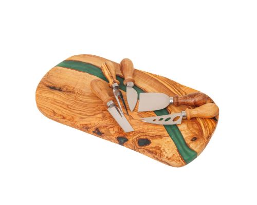 Olive Wood Cheese Cutting or Serving Set with Green Epoxy Resin, Board 35cm & 5 Cheese Knives