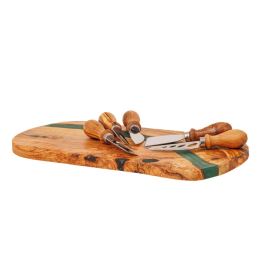 Olive Wood Cheese Cutting or Serving Set with Green Epoxy Resin, Board 35cm & 5 Special Knives - 2 Olive Wood Cheese Cutting or Serving Set with Green Epoxy Resin, Board 35cm & 5 Special Knives - 2